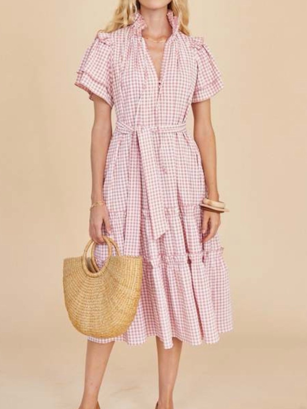 HUNTER BELL Pink Gingham Tie-Waist Midi Dress